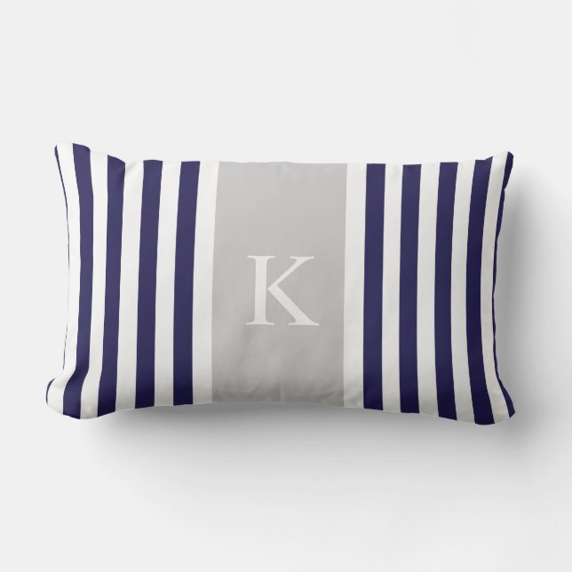 Navy Blue Grey Stripes Monogram Lumbar Pillow (Front)