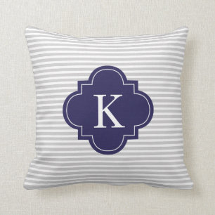 Navy Blue Grey Stripes Quatrefoil Monogram Throw Pillow