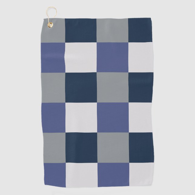 Navy Blue Grey White Checkerboard Check Pattern Golf Towel (Front)