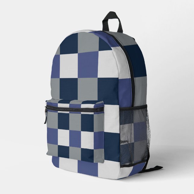Navy Blue Grey White Checkerboard Checkered Printed Backpack (Back Corner Right)