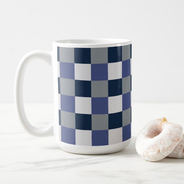 Navy Blue Grey White Checkerboard Checks Coffee Mug (With Donut)