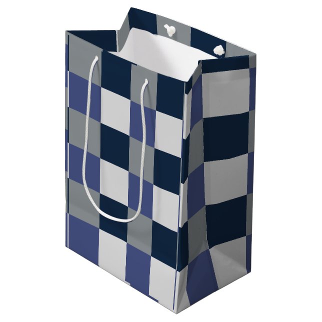 Navy Blue Grey White Checkerboard  Medium Gift Bag (Front Angled)