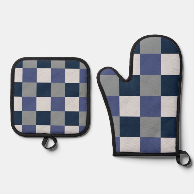Navy Blue Grey White Checkerboard  Oven Mitt & Pot Holder Set (Front)