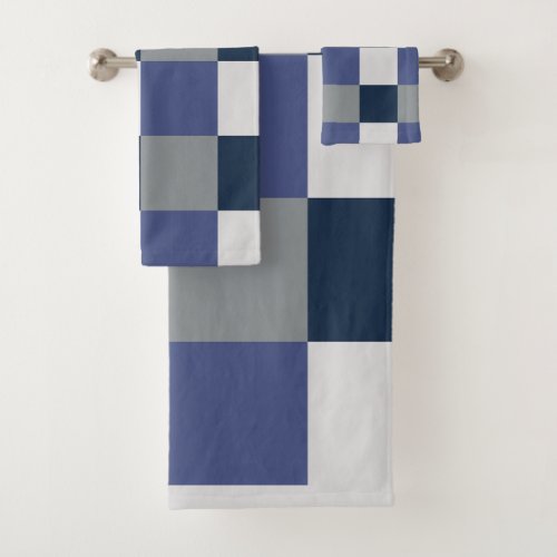 Navy Blue Grey White Checkerboard Pattern Bath Towel Set