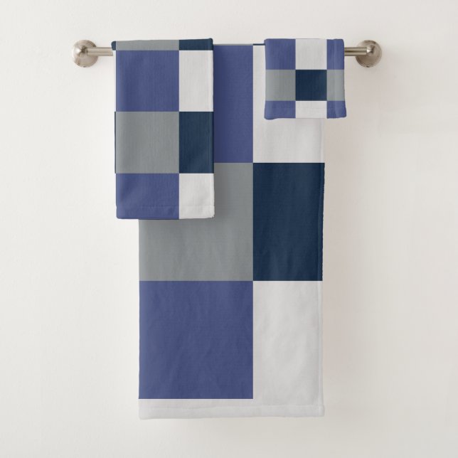 Navy Blue Grey White Checkerboard Pattern Bath Towel Set (Insitu)