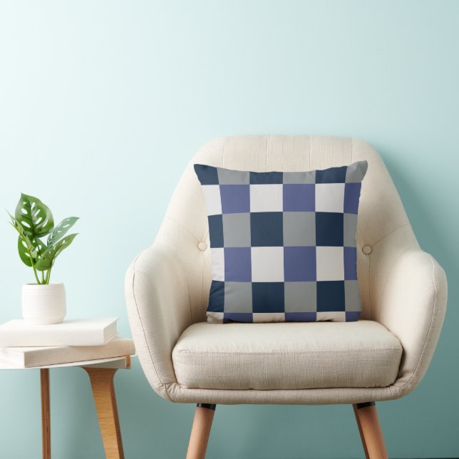 Navy Blue Grey White Checkerboard Pattern Throw Pillow (Chair)