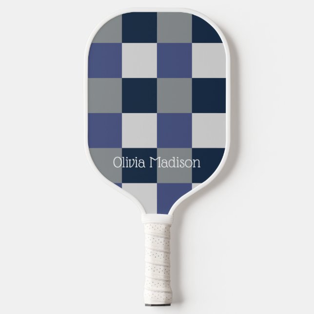 Navy Blue Grey White Checkerboard Personalized Pickleball Paddle (Front)