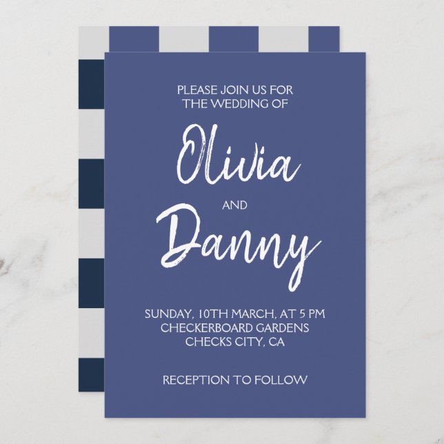 Navy Blue Grey White Checkerboard Wedding Invitation (Front/Back)