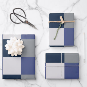 Navy Blue Grey White Checkerboard Wrapping Paper Sheets