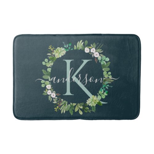 NAVY BLUE GREY WREATH FOLIAGE WATERCOLOR MONOGRAM BATH MAT