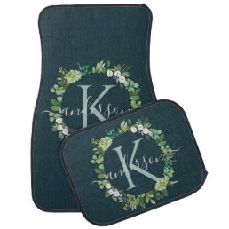 NAVY BLUE GREY WREATH FOLIAGE WATERCOLOR MONOGRAM CAR FLOOR MAT