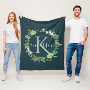 NAVY BLUE GREY WREATH FOLIAGE WATERCOLOR MONOGRAM FLEECE BLANKET