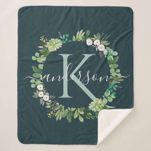 NAVY BLUE GREY WREATH FOLIAGE WATERCOLOR MONOGRAM SHERPA BLANKET