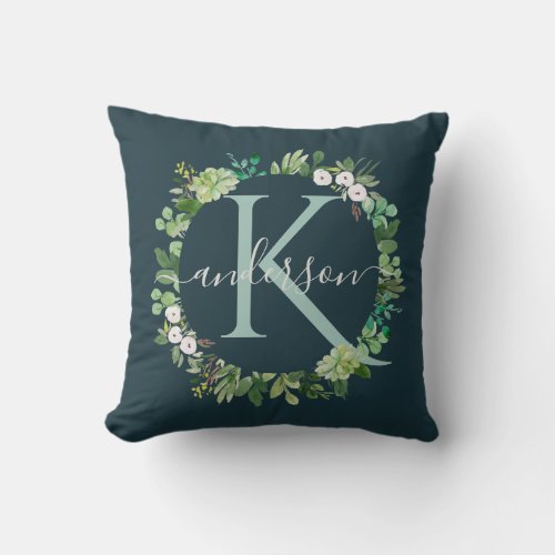 NAVY BLUE GREY WREATH FOLIAGE WATERCOLOR MONOGRAM THROW PILLOW