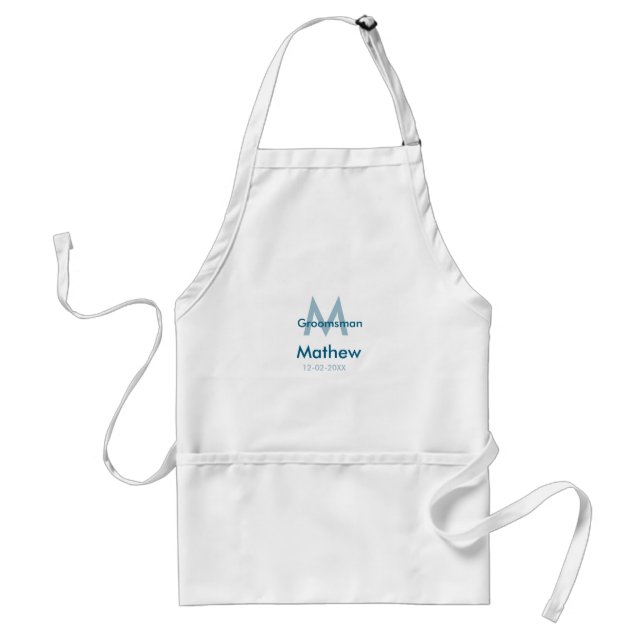 Navy blue groomsman name letter date masculine per adult apron (Front)