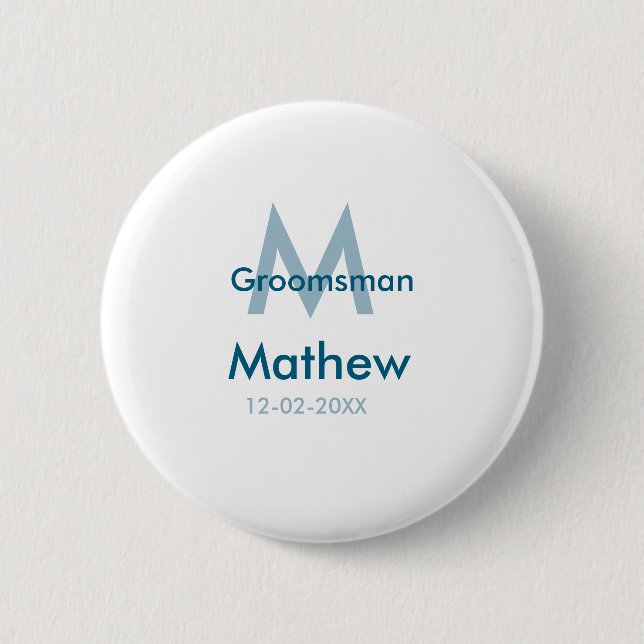 Navy blue groomsman name letter date masculine per button (Front)