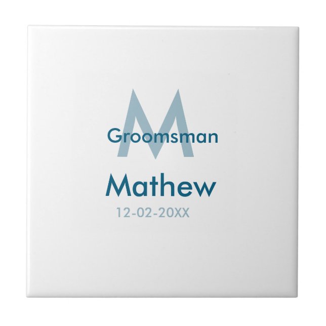 Navy blue groomsman name letter date masculine per ceramic tile