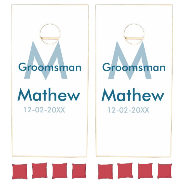 Navy blue groomsman name letter date masculine per cornhole set (Set)