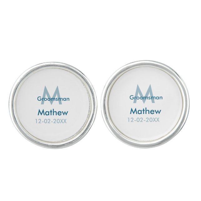 Navy blue groomsman name letter date masculine per cufflinks (Front)