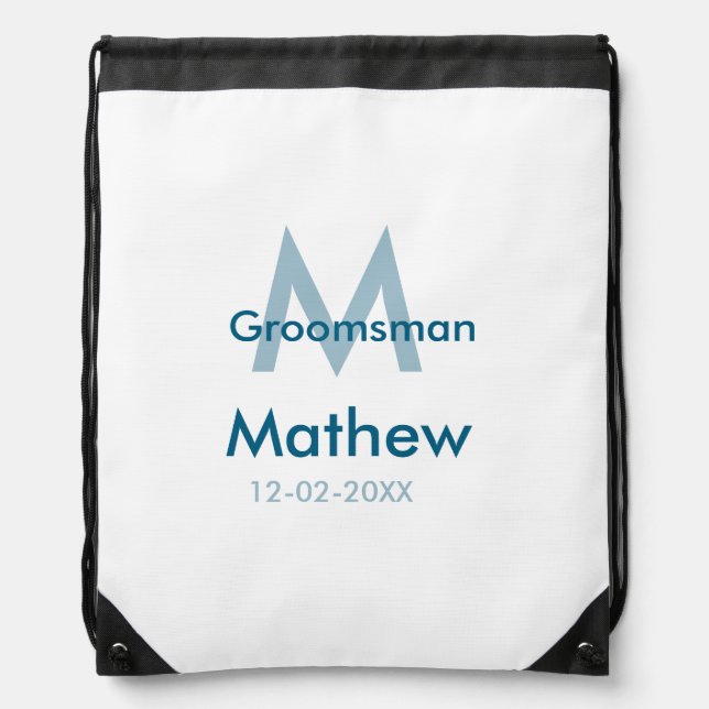 Navy blue groomsman name letter date masculine per drawstring bag (Front)