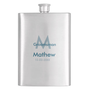 Navy blue groomsman name letter date masculine per flask