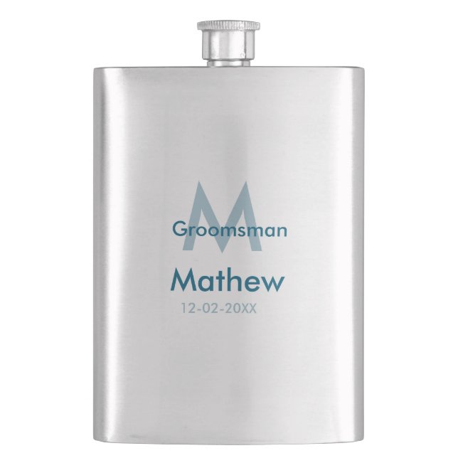 Navy blue groomsman name letter date masculine per flask (Front)