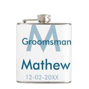 Navy blue groomsman name letter date masculine per flask