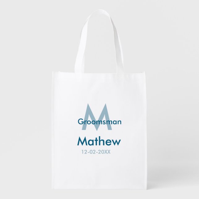 Navy blue groomsman name letter date masculine per grocery bag (Front)