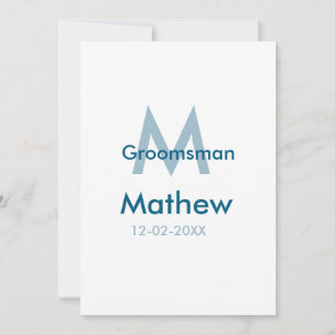 Navy blue groomsman name letter date masculine per holiday card