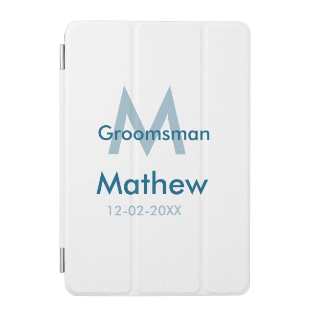Navy blue groomsman name letter date masculine per iPad mini cover (Front)