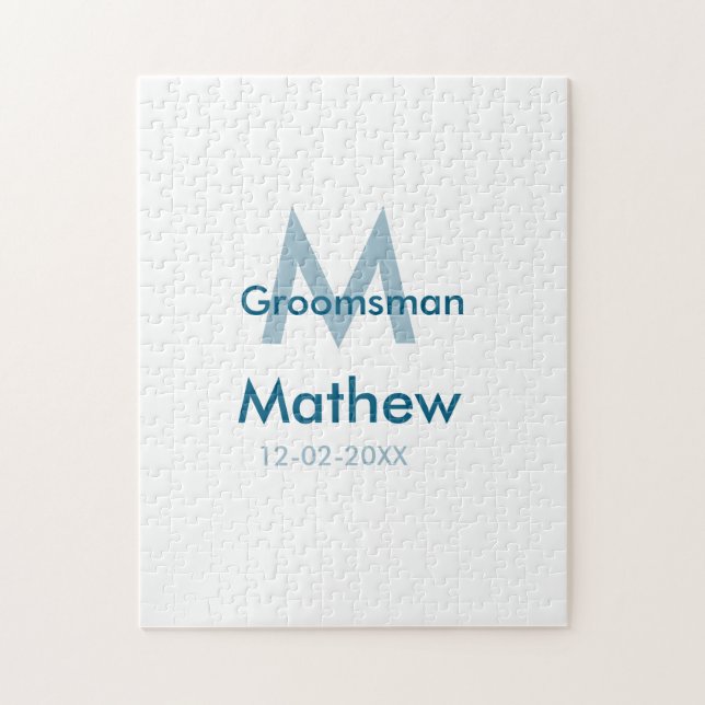 Navy blue groomsman name letter date masculine per jigsaw puzzle (Vertical)