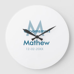 Navy blue groomsman name letter date masculine per large clock