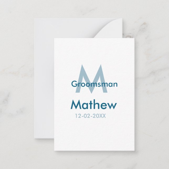 Navy blue groomsman name letter date masculine per note card (Front)