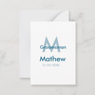 Navy blue groomsman name letter date masculine per note card