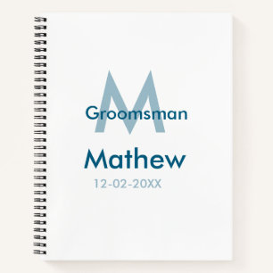 Navy blue groomsman name letter date masculine per notebook