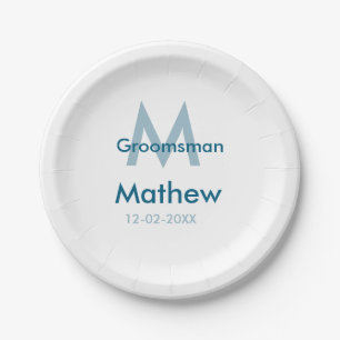 Navy blue groomsman name letter date masculine per paper plates