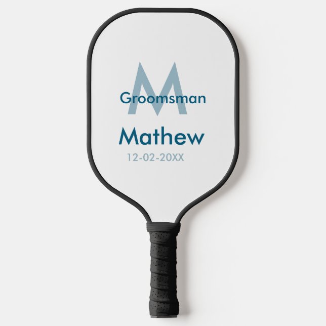 Navy blue groomsman name letter date masculine per pickleball paddle (Front)