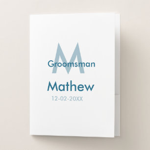 Navy blue groomsman name letter date masculine per pocket folder