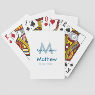 Navy blue groomsman name letter date masculine per poker cards