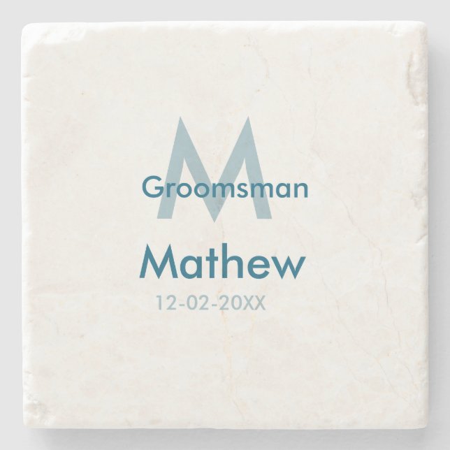Navy blue groomsman name letter date masculine per stone coaster (Front)