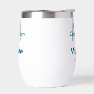 Navy blue groomsman name letter date masculine per thermal wine tumbler