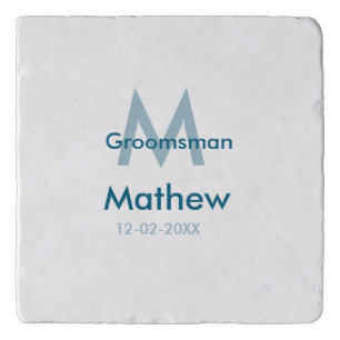 Navy blue groomsman name letter date masculine per trivet