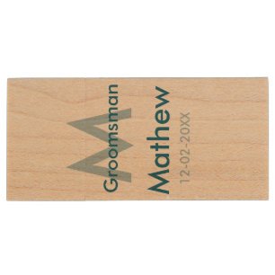 Navy blue groomsman name letter date masculine per wood flash drive