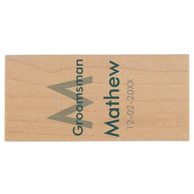 Navy blue groomsman name letter date masculine per wood flash drive (Back)