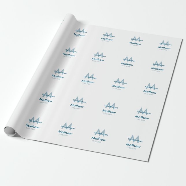 Navy blue groomsman name letter date masculine per wrapping paper (Unrolled)