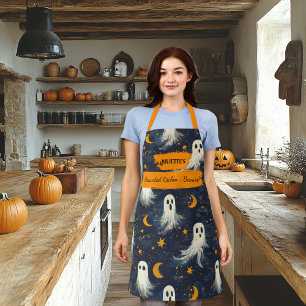 Navy Blue Halloween Apron with Ghosts, Stars, Moon