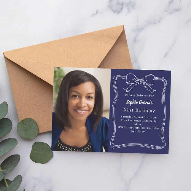 Navy blue hand-drawn bow photo birthday invitation (Creator Uploaded)