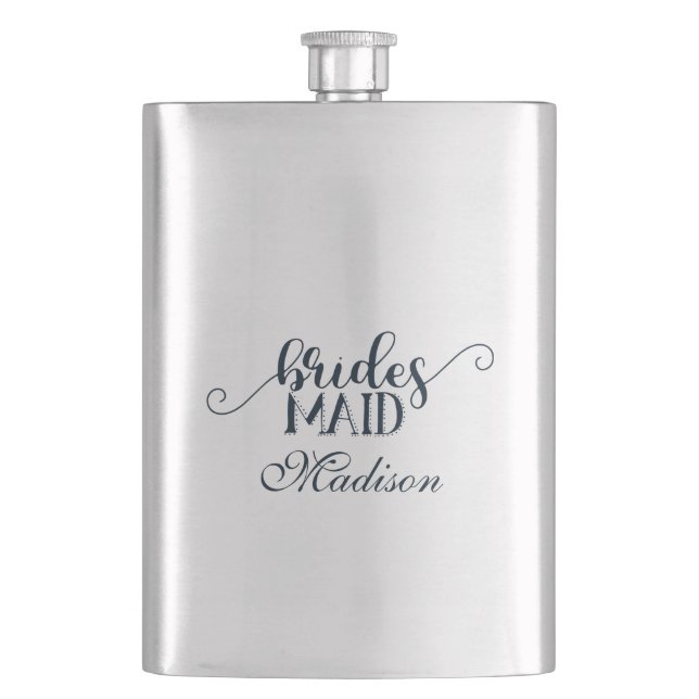 Navy Blue Hand Lettered Font Wedding Bridesmaid Hip Flask (Front)