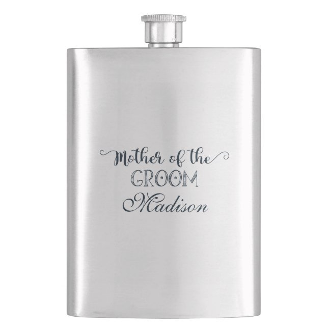 Navy Blue Hand Lettered Fun Mother of the Groom Flask (Front)