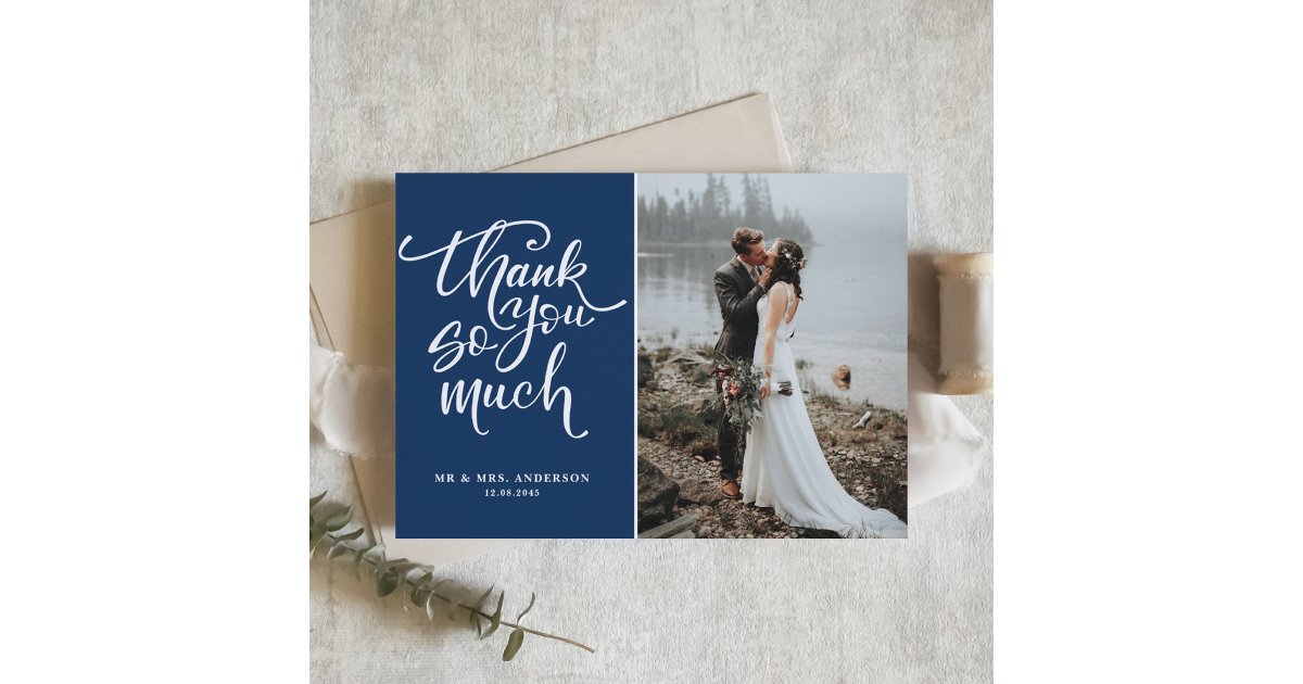 Navy Blue Hand Lettered Photo Wedding Thank You Card | Zazzle